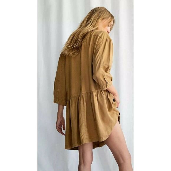 NWT FREE PEOPLE Sz S WASHED I’M A DREAMER DRESS HENLEY RUFFLE MINI DRESS BEIGE - Picture 2 of 3